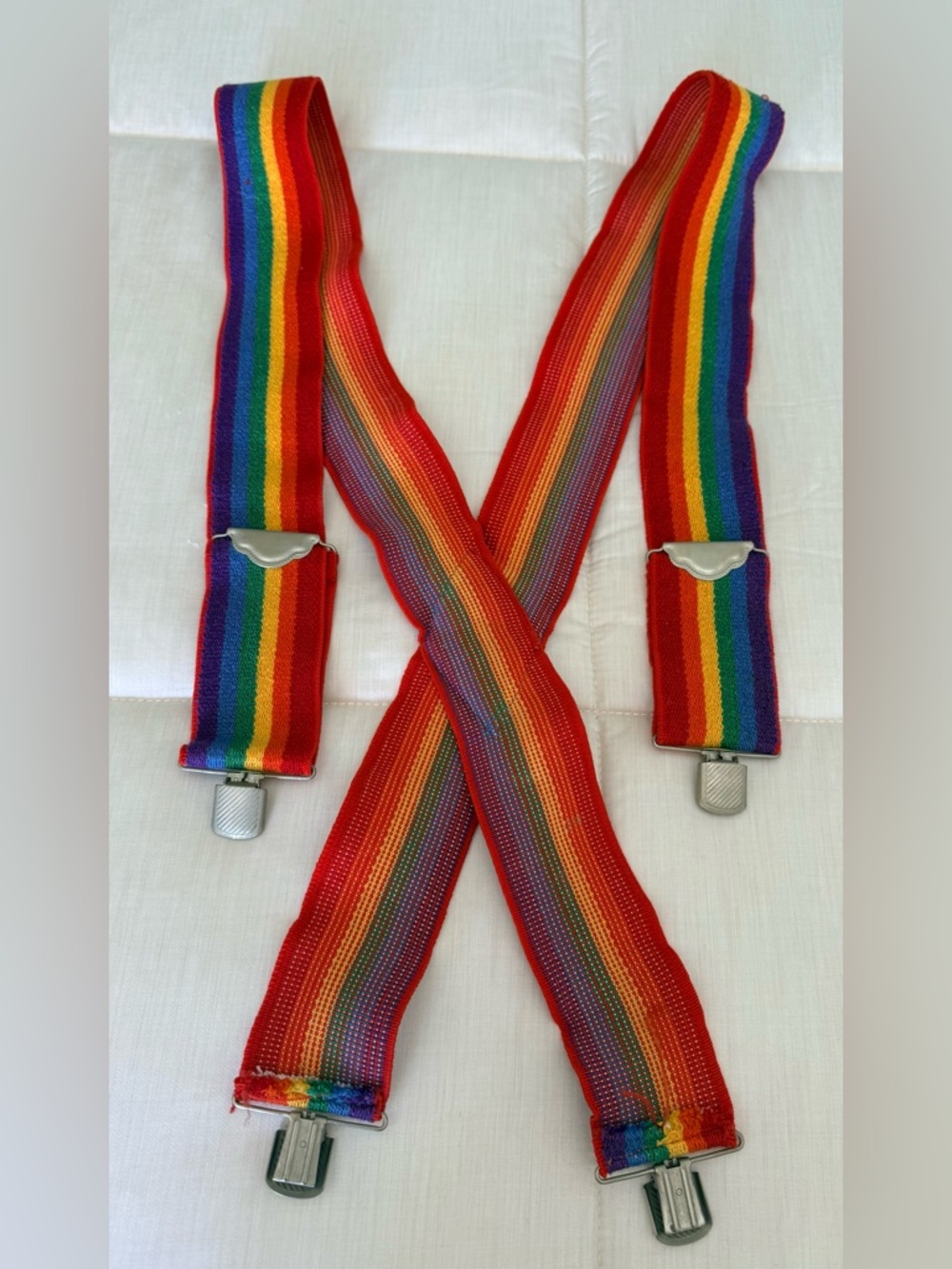 Vintage rainbow stripe Suspenders
Unisex Fabric silver Clasp adjustable Stretchy